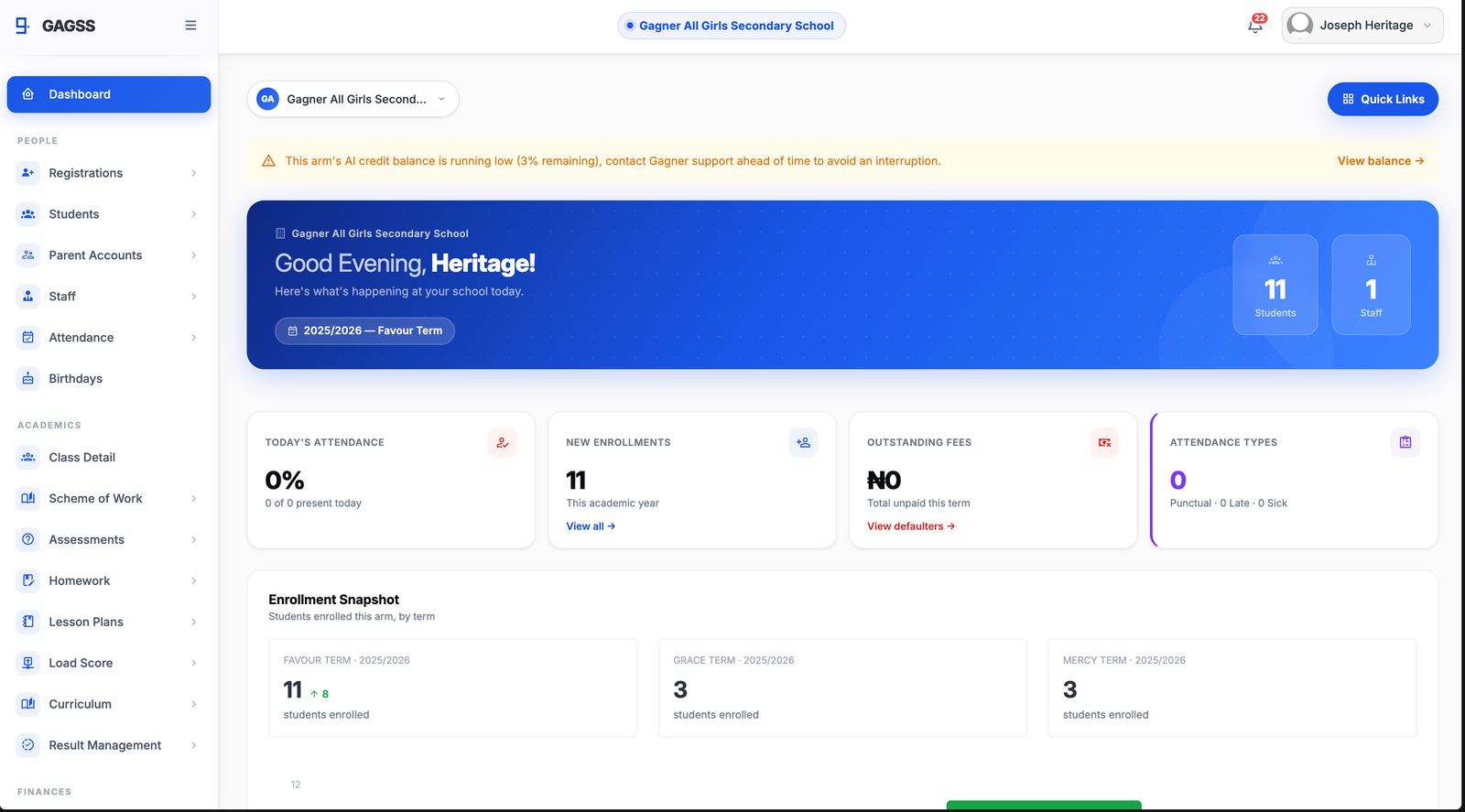 The Gagner for Schools dashboard, showing today's attendance, new enrollments, fee status, and an enrollment snapshot for a school on the platform